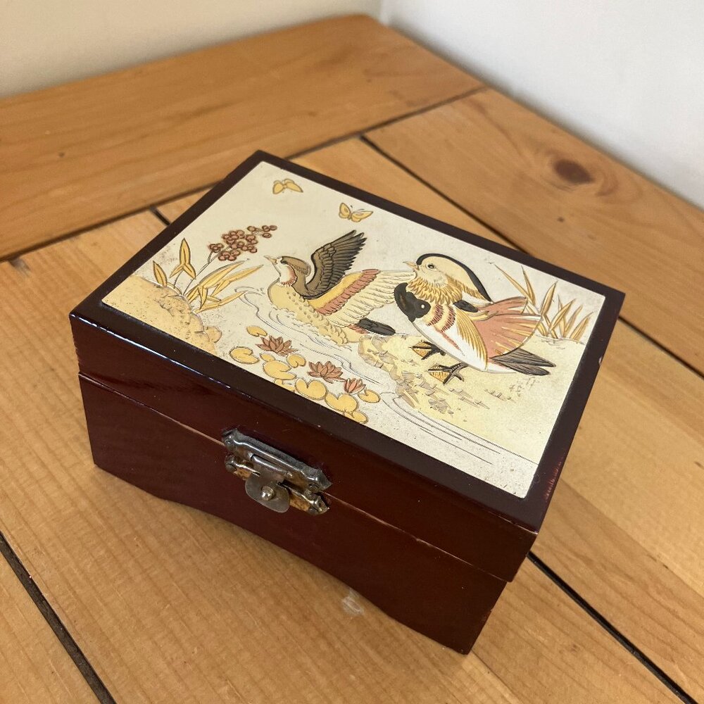 Art of Chokin Small Jewelry Trinket Box Vintage Metallic Wood Duck Design